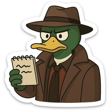 Transform the duck detective into a mallard with a distinctive green head and brown chest, maintaining the cartoon detective style, with no background. sticker