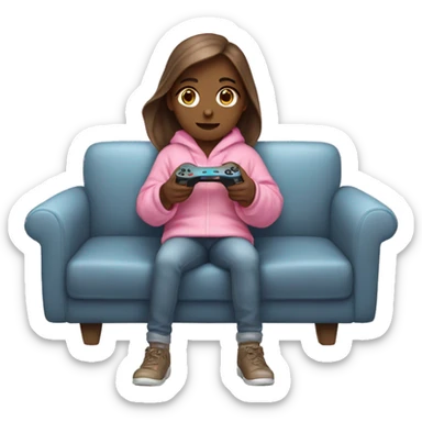 White girl with brown hair wrapped up in a blanket sitting on a couch with a pink gaming controller in her hands sticker