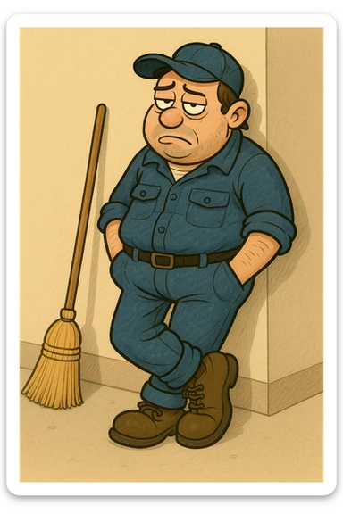 Make the lazy janitor more cartoonish with exaggerated features in a playful style. Show him leaning against a wall with hands in pockets, broom on the ground, and an uninterested face. sticker