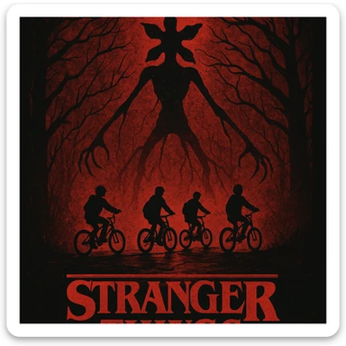Stranger Things series, horror poster style, the Upside Down with silhouettes of kids on bikes sticker