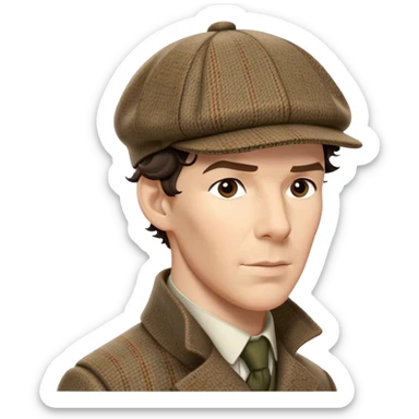 sherlock holmes benedict cumberbatch, wearing a deerstalker hat with the fabric is often tweed, which features a subtle checkered or herringbone pattern with darker and lighter threads woven together, creating texture and depth.  sticker