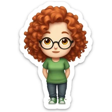 Chibi twitch emotes of a red curly haired girl, with freckles and big round glasses, in a green shirt sticker