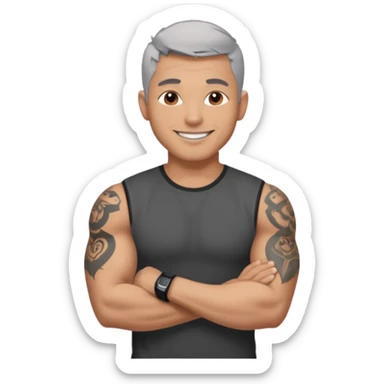 un homme de 35 ans, cheveux très court gris, qui sourit, musclé avec le bras droit tatoué et un tee shirt noir sticker