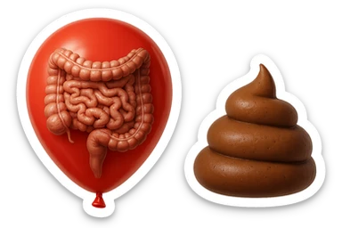 intestino umano anatomico chiuso in un palloncino rosso che simboleggia gonfiore, accanto un simbolo di cacca che simboleggia "diarrea", iperrealistico 4k sticker