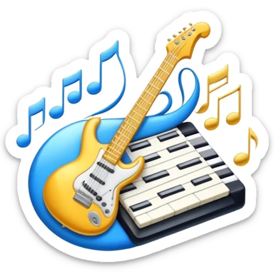 Create an elegant and dynamic emoji that represents music arrangement and orchestration. The design should feature musical notes, a synthesizer, drums, and an electric guitar, symbolizing the diverse instruments used in arranging and orchestrating music. Incorporate flowing lines to represent harmony and rhythm, with a subtle representation of sheet music. Use a combination of vibrant and classic colors like electric blue, gold, and silver, blending the electronic and traditional aspects of arrangement. The background should be transparent. sticker