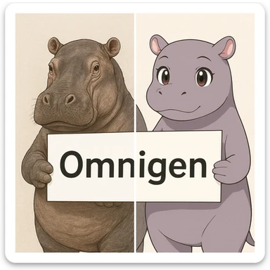 two hippo holding sign of omnigen, half picture 1 hippo is realistic another half is the anime of that same second hippo, with before after mark sticker