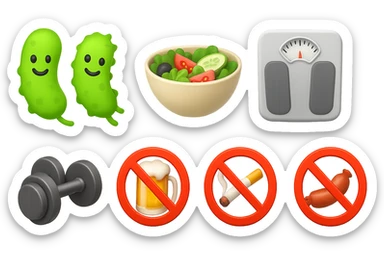 emoji stile iphone di: due batteri intestinali felici, una bowl di insalata, una bilancia pesapersone, manubri da palestra, e un boccale di birra con divieto 3d sopra, una sigaretta con divieto 3d sopra e un wurstel con divieto 3d sopra, fluttuano in aria, iperrealistico 4k sticker