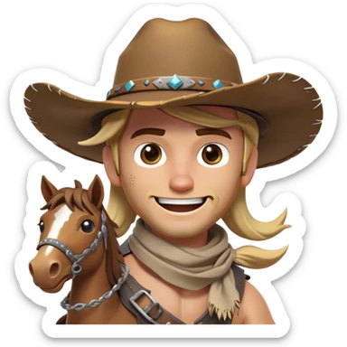 clash-of-clans-aesthetic_-cinematic-playful-cowboy-portrait-emoji, head-tilted with a roguish, cheeky grin and twinkling eyes, featuring a wide-brimmed cowboy hat and a weathered bandana on tan skin, riding a powerful galloping horse with dynamic flowing mane, reins gripped firmly in one hand and a lasso in the other, as dust swirls behind them in a vast desert landscape. sticker
