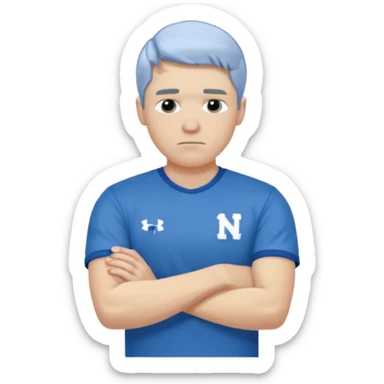 Pale blond man in blue football t shirt crossed arms (he is cold trembling ) sticker
