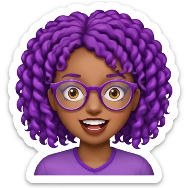 nerd emoji like with glasses showing only her 2 buck teeth but it’s a black girl with purple black curly hair face up only sticker