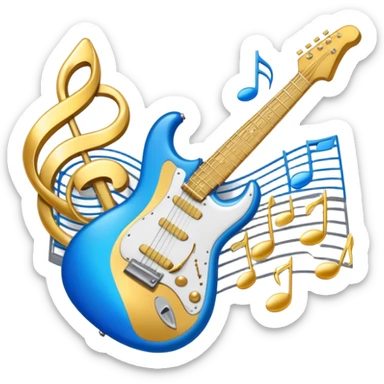 Create an elegant and dynamic emoji that represents music arrangement and orchestration. The design should feature musical notes, a synthesizer, drums, and an electric guitar, symbolizing the diverse instruments used in arranging and orchestrating music. Incorporate flowing lines to represent harmony and rhythm, with a subtle representation of sheet music. Use a combination of vibrant and classic colors like electric blue, gold, and silver, blending the electronic and traditional aspects of arrangement. The background should be transparent. sticker