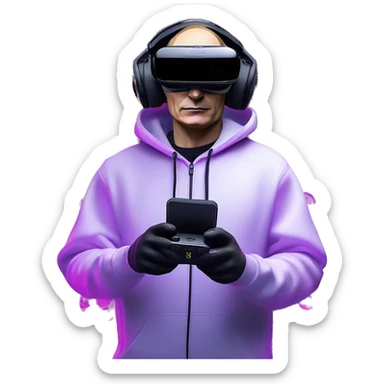 Vladimir Putin wearing a black hoodie with "OMG" letters on it and VR headset oculus quest 2 in a cyberpunk VR environment with violet neon lighting. sticker