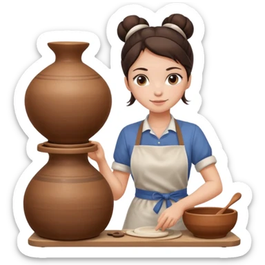 Brunette girl with bun, behind pottery wheel sticker