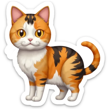full body colourful calico tabby cat with skinny head and fat body with an anxious face sticker