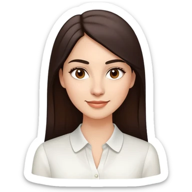 Young woman in her 30s with light skin, oval face, soft features, large dark brown eyes, medium eyebrows, small nose, friendly smile, long straight dark brown hair, wearing a white elegant blouse sticker