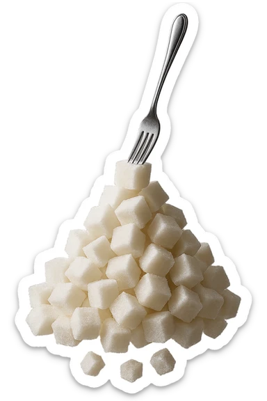 monagna di zollette di zucchero con una forchetta appizzata sopra, fluttuano in aria, iperrealistico 4k sticker