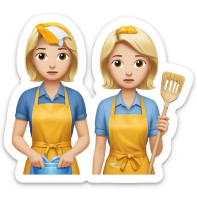 A blonde women cleaning a kitchen while her blonde husband scowls at her sticker