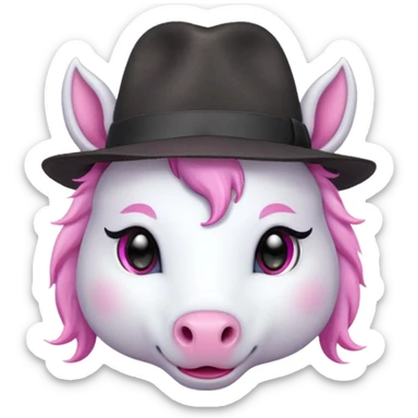 unicorn face cute wearing fedora, horn piercing through the hat looking in the camera sticker
