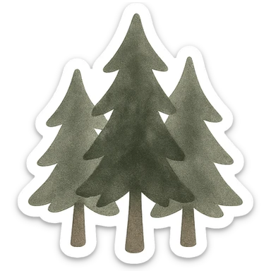 logo illustration of evergreen trees in folk art style, dark neutral forest color tones, watercolor texture with outlines, suitable for favicon sticker