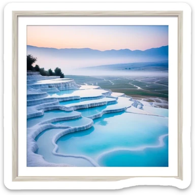 Cinematic Realistic Pamukkale Landmark Emoji, showcasing surreal cascading terraces of thermal waters rendered with ethereal textures and soft, luminous lighting. sticker