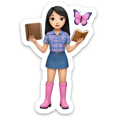 A plus-size light-skinned Black woman is wearing makeup. She has long, straight, waist-length black hair and is wearing a short-sleeved flannel shirt with a pink butterfly print, a denim miniskirt, and pink boots. She is standing and holding a book with her forearm raised. sticker