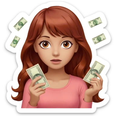 emoji of a beautiful woman with an arrogant expression, light tanned skin, big black eyes, long wavy reddish-brown hair with bangs, wearing a pink top, coral color theme, throwing money around sticker