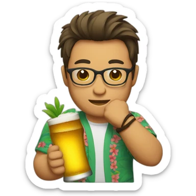 Japanese wearing glasses alohashirt is holding beer sticker