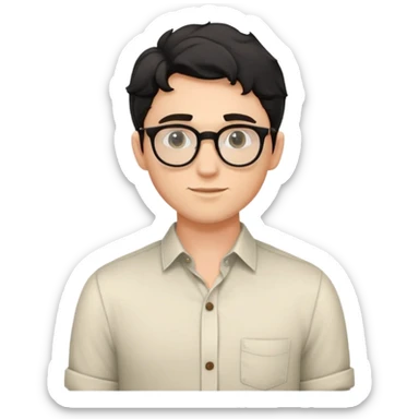 Young caucasian man with black wavy hair, round glasses, torso only, wearing relaxed buttoned-up shirt without a tie sticker