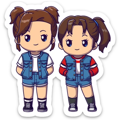 Two anime girls who are best friends, both with brown shoulder length hair. First girl has blue-green eyes, wearing black and white striped t-shirt, denim jacket, and denim shorts. Second girl has brown eyes, wearing denim overalls, with hair in a ponytail secured by a claw clip. sticker
