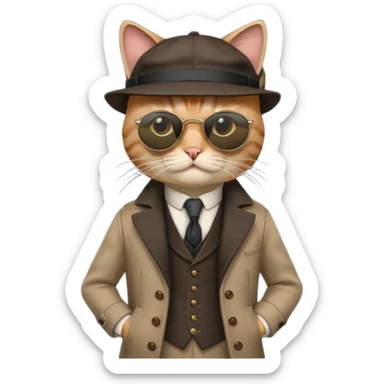 Cat wearing sunglasses and a peaky blinders hat, along with a waistcoat and over coat.
Peaky blinders style sticker