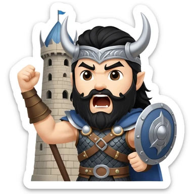 vikingo con armadura de Asgard, pelo negro ondulado, de pie, grito de guerra en torre de Asgard. sticker