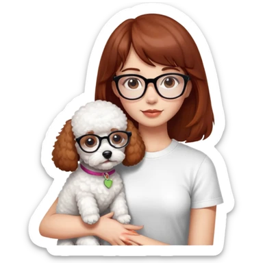 Mahogany haired girl with bangs, white glasses and a white t-shirt hugging a toy poodle dog sticker