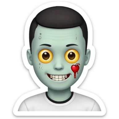 zombie boy with black buzz cut hair and white t shirt, smiling, apple style emoji sticker