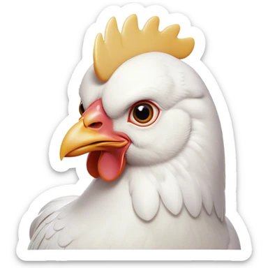 Cinematic Noble White Chicken Portrait Emoji, Poised and regal, with a compact, sturdy build and a pristine, well-groomed pure white plumage, deep-set soulful beady eyes, Simplified yet sharp and sophisticated features, highly detailed, glowing with a soft, dignified glow, high shine, intelligent and alert, stylized with an air of barnyard elegance, focused and attentive, soft glowing outline, capturing the essence of a watchful and confident fowl, so majestic it feels as though it could strut out of the screen with effortless authority! sticker