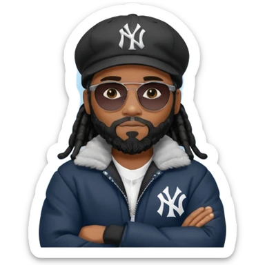 African American man with shoulder length black dreadlocks with black beard wearing  dark black sunglasses with a black bubble winter coat wearing a New York Yankees baseball cap with arms folded on chest sticker