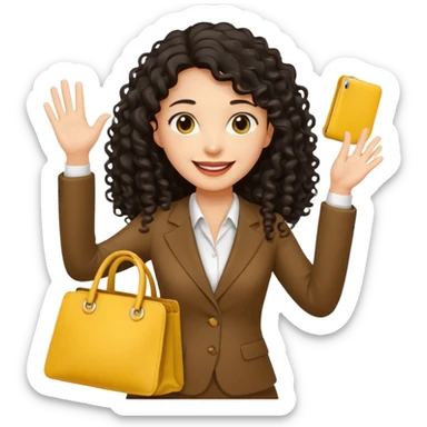 medium deep tan brown business woman with long black curly hair, waving hand with happy face with smile mouth and carrying yellow bag on her shoulder sticker