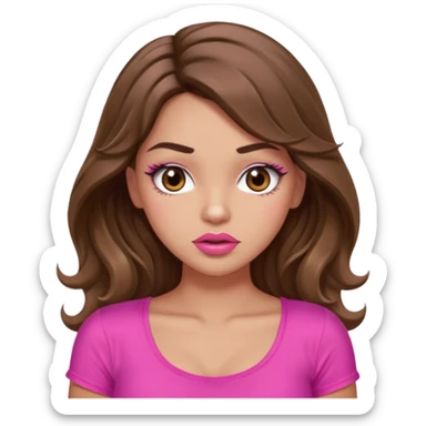 girl with long wavy brown hair, brown eyes, light to medium complexion, in a pink sexy top, pink puckered lips, long lashes, shrugging sticker
