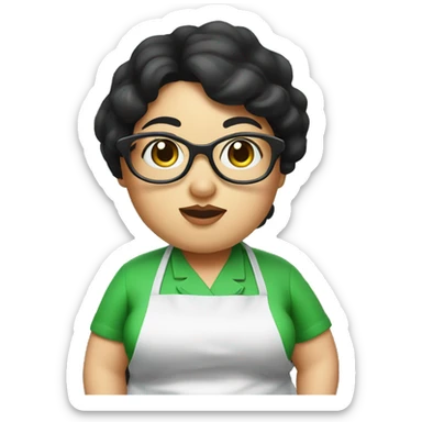 chubby lady with black hair and big eyes green apron  with glasses cooking  sticker