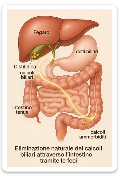A realistic, educational medical illustration showing the human digestive tract focusing on the liver, gallbladder, bile ducts, and intestines. The gallbladder is depicted with small gallstones inside. A soft glowing arrow indicates the flow of bile and small stones moving naturally from the gallbladder through the bile ducts into the intestines. In the colon, small softened gallstones are shown being prepared for elimination, symbolizing their removal through bowel movements. The style is clean, precise, and clear with soft anatomical colors (greens, soft reds, and yellows) and faint glowing arrows to illustrate the process. The background is a subtle neutral gradient to keep the focus on the organs and the pathway. The image conveys the concept of natural gallstone elimination through the intestines via the stool in a clear, non-graphic, and educational way in italiano sticker