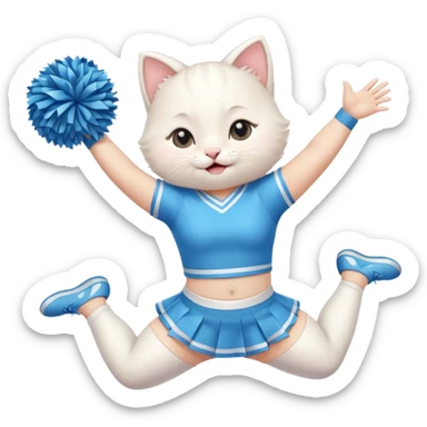 A chubby white kitten cheerleader in pastel uniform jumping in cheer pose. sticker