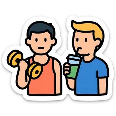 one man lifting weights, the other man drinking a smoothie, icon style, minimal and recognizable sticker