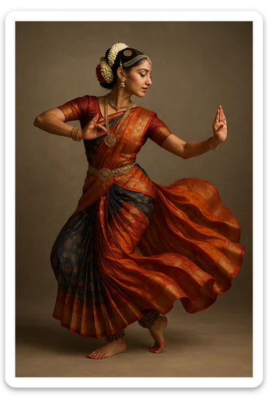 Bharatanatyam dancer, side profile, dynamic movement, flowing costume, intricate patterns, cultural elegance sticker