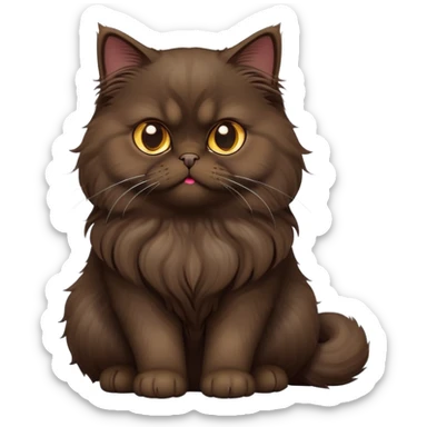 cinematic-[dark brown persian cat]-realistic-full-body-sitting-emoji,-tail-curled-playfully-around-its-paws,-head-tilted-dramatically,-fluffy-[dark brown]-fur,-simplified-yet-realistic-focused-features,-highly-detailed,-glowing-with-an-almost-sarcastic-glow sticker