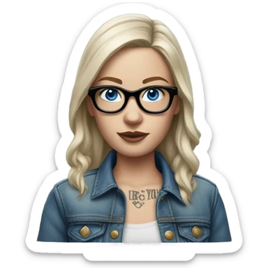 Create a Hyper Realistic pale beautiful tattooed 3D woman with glasses and blue eyes wearing denim jacket sticker