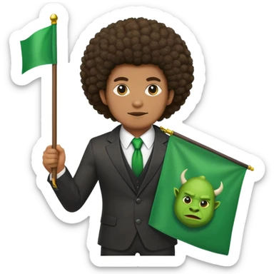Create a emoji of a man in a suit brown skin with a afro holding a green flag that says ogre phi ogre sticker