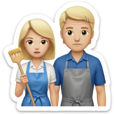 A blonde women cleaning a kitchen while her blonde husband scowls at her sticker