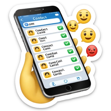 mobile phone with contact cards and a checkmark, CRM software theme, emoji style sticker