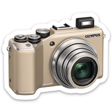 Minimal Olympus Superzoom 70G camera from slight top angle, grayish-beige color, simplified shape with subtle indication of basic camera features sticker