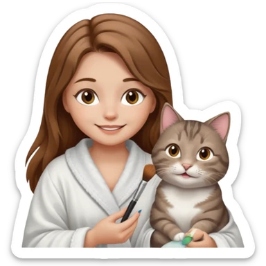 A image of a girl with light long brown hair doing her makeup with her chubby grey tabby cat. She is smiling sticker