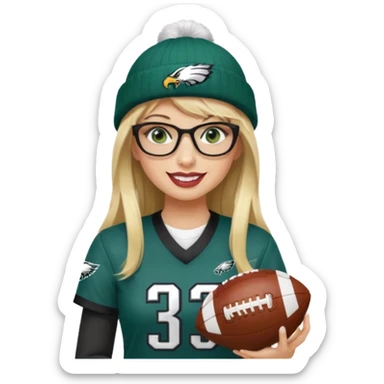 full length women wearing eagles uniform, long blonde hair, styled bangs, green eyes, black rectangle glasses, holding football, number 33, smiling, lipstick, eagles beanie sticker